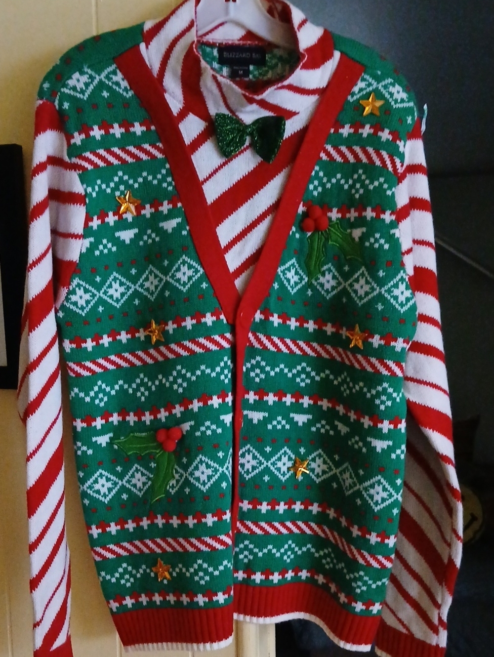 Holiday Green & Red Men's Cardigan Sweater with Bow-Tie Detail